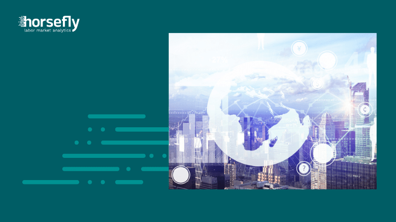 Image shows a cityscape with a world map overlaid on top. For the blog - Part 2: Demystifying Labor Market Data - Unravelling the Data Web