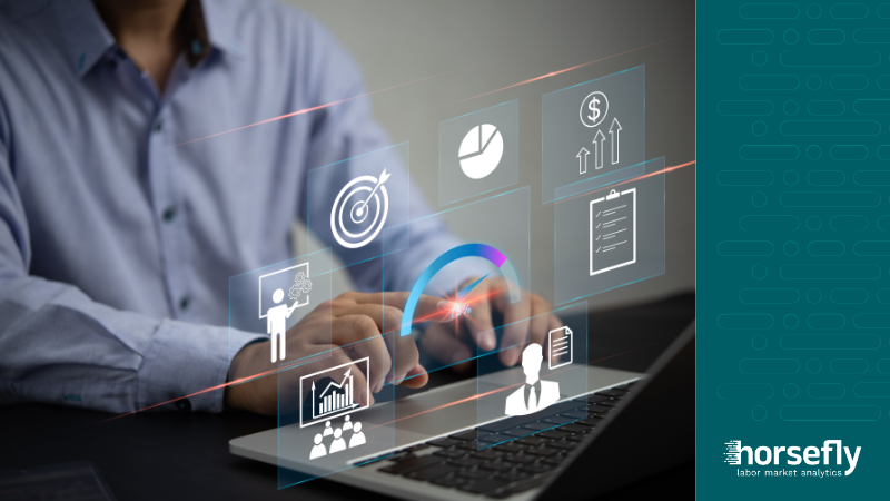 Image shows someone typing at a laptop with generated workforce analytics icons hovering above as they type - for the blog - Leveraging Workforce Analytics for Cost-Effective Talent Acquisition