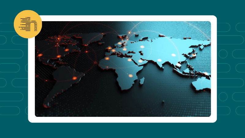 Image shows a top down view of the world, with red flight paths mapped out for the blog - Navigating the Geo-Political Landscape: A Strategic Approach to Workforce Planning