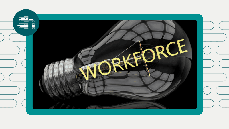 Image shows a lightbulb on its side with the word 'workforce' written on it